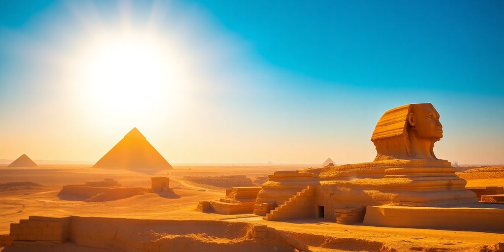 Pyramids and Sphinx under a clear Egyptian sky.