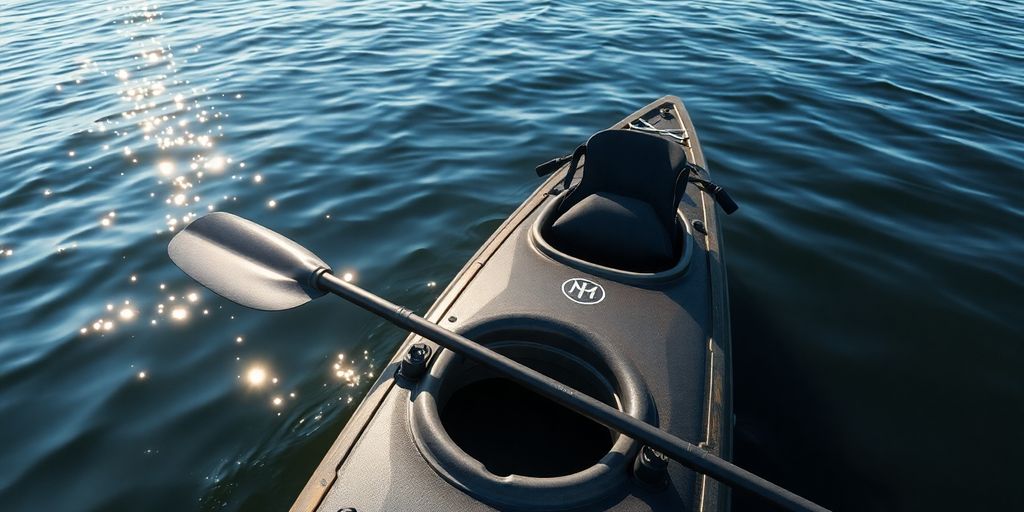 Fishing kayak on calm water with a paddle.