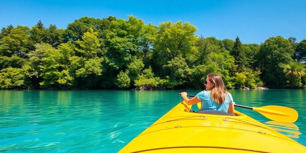 Kayaker paddles clear waters, surrounded by lush green trees.