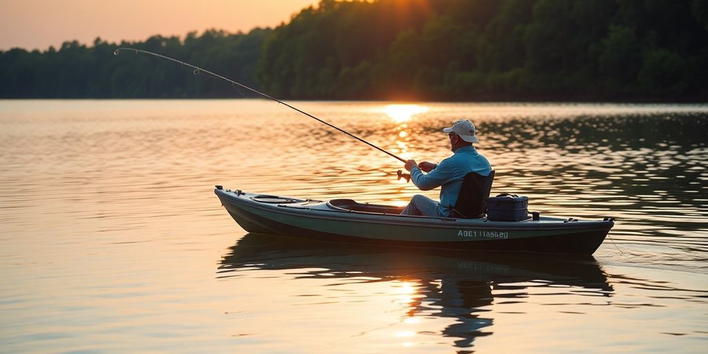 Man kayaking, fishing in a calm lake.