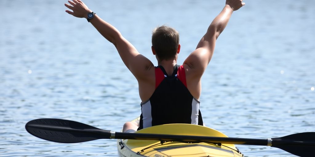 Kayaker stretching before paddling on calm water.
