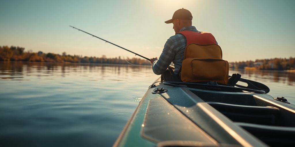 Angler in kayak, fishing on calm water.