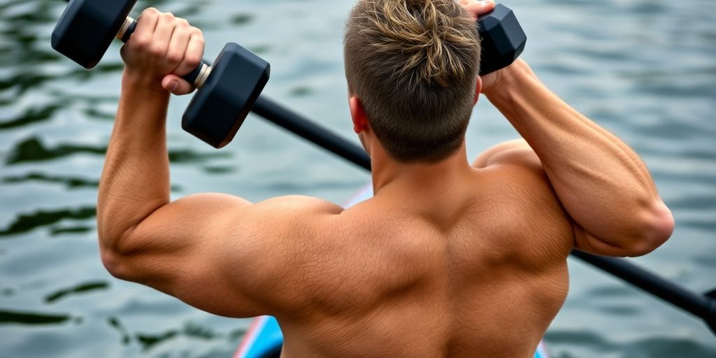 Kayaker performing bicep curls with dumbbells.
