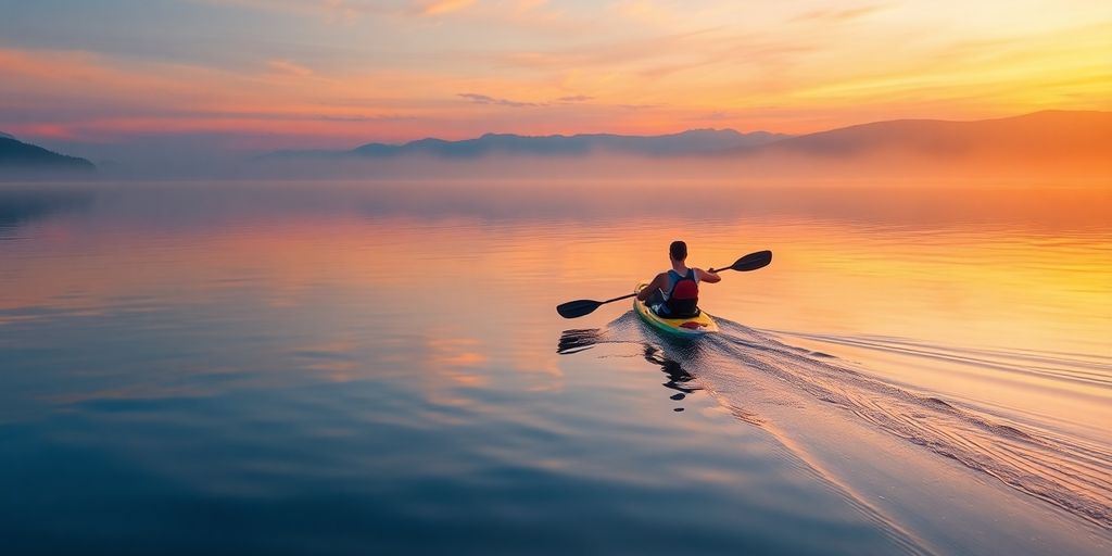 Kayaker on calm water, sun setting