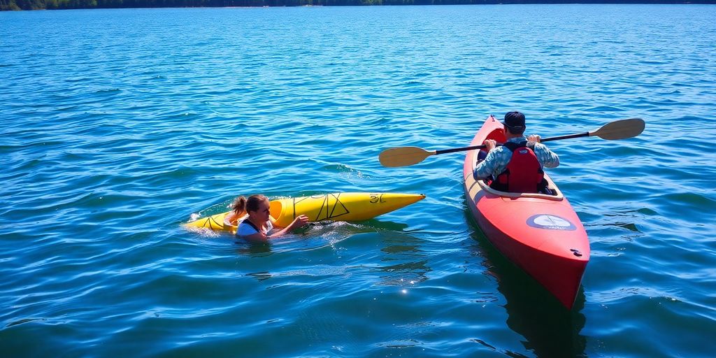 Two kayakers performing an assisted rescue on water.