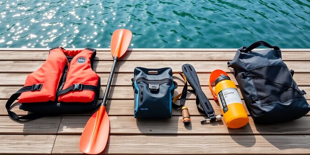 Kayak gear and paddle on a calm lake.