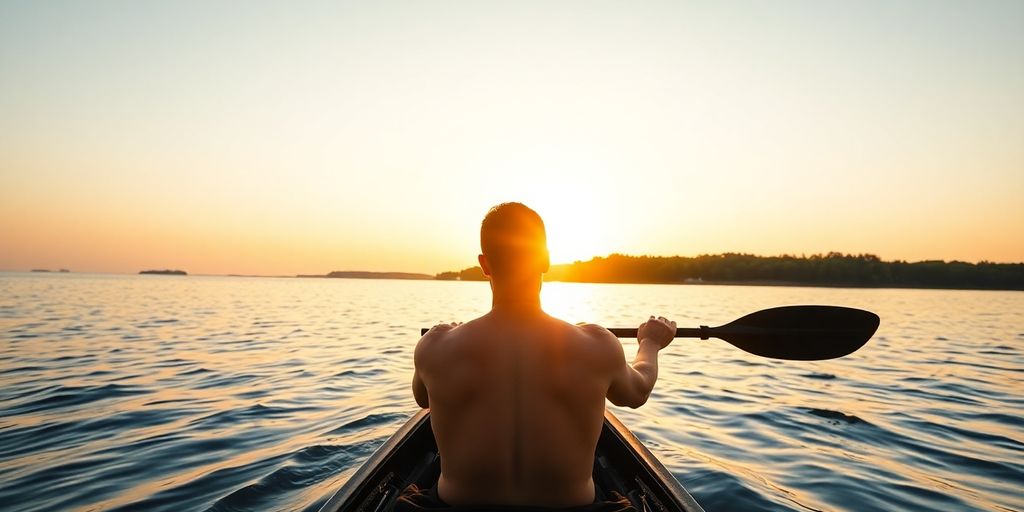 Man kayaking on a lake, muscles toned, sun setting.