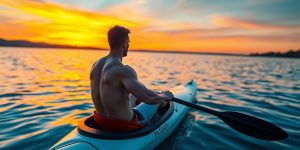 Kayaker paddling powerfully on a calm lake at sunset.