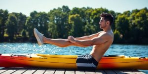 Strong paddler exercises by kayak on calm water.
