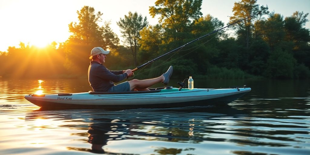 Man fishing from kayak on a calm river.