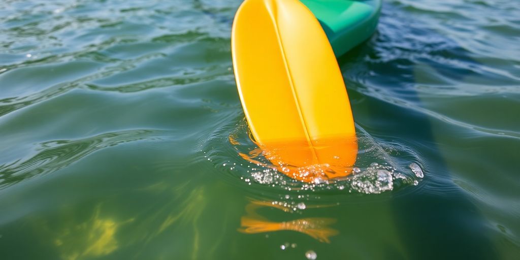 Kayaker paddling skillfully on calm water.