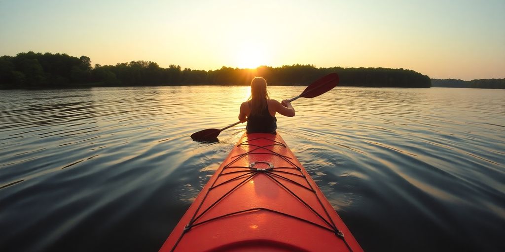 Kayaker paddles on calm water, sun setting.
