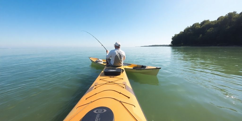 Fishing kayak on calm water, angler casting line
