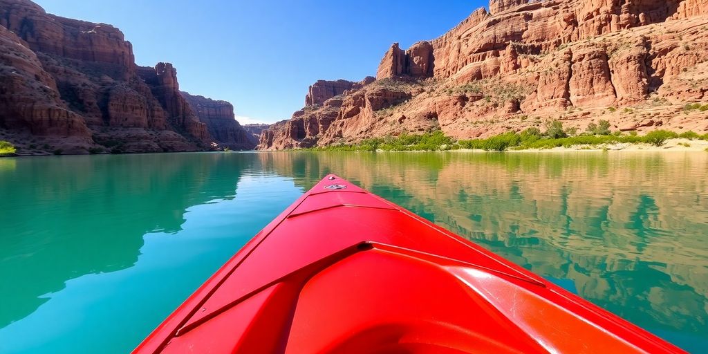 Kayaker on clear lake, dramatic red rock canyon.
