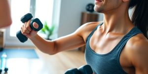 Person exercising indoors with home equipment.