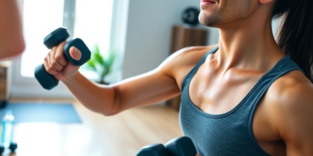 Person exercising indoors with home equipment.