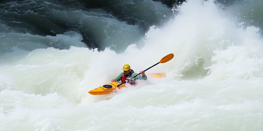 Kayaker navigating a powerful river current.