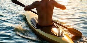 Kayaker engaging in core exercise on water.
