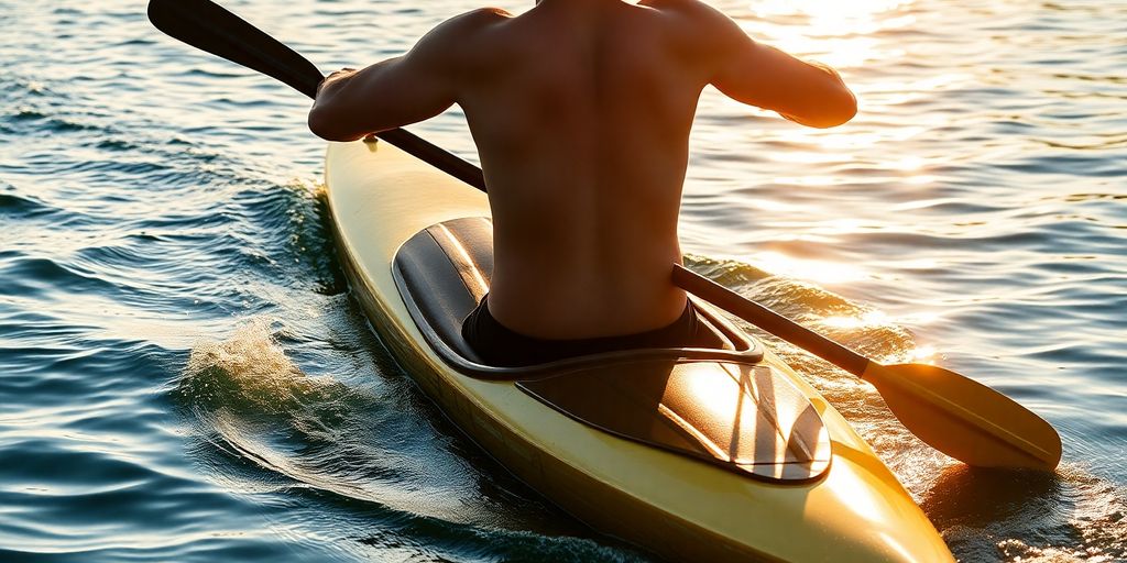 Kayaker engaging in core exercise on water.