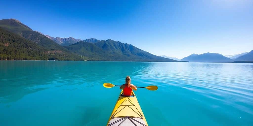 Kayaker paddling on a clear blue lake.