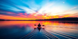 Person kayaking on a calm lake at sunrise.