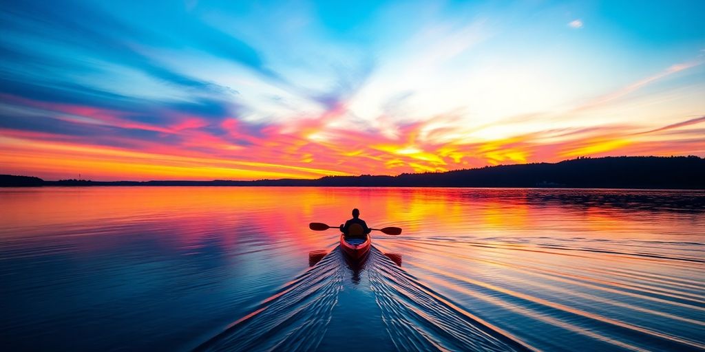 Person kayaking on a calm lake at sunrise.