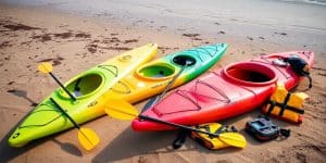 Kayaks, paddles, and life vests on a sandy beach.