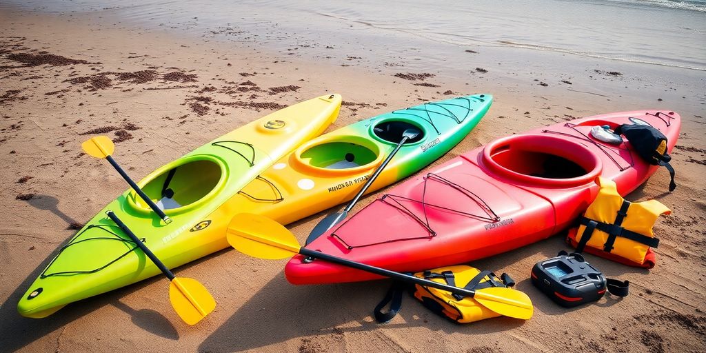 Kayaks, paddles, and life vests on a sandy beach.