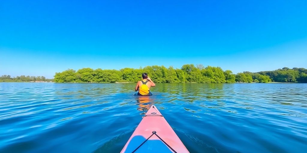 Kayaker paddling on calm, sunlit water.